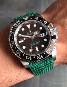 Rolex GMT-Master II 116710LN on green perlon strap by WatchBandit