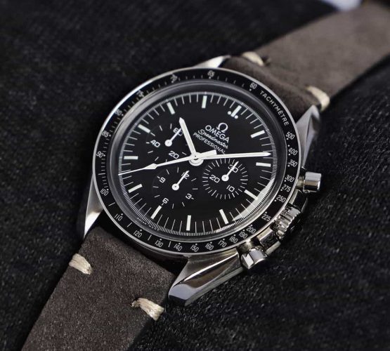 Omega Speedmaster Professional dark grey suede leather strap by watchbandit