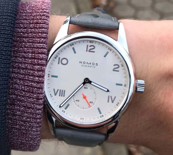 NOMOS Club Campus on grey ostrich leather strap by watchbandit wristshot