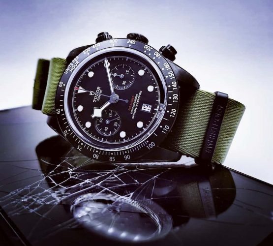 Tudor Chronograph black PVD green NATO strap by watchbandit