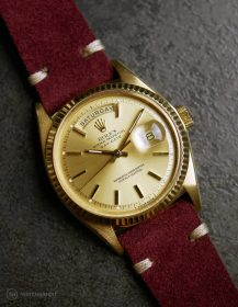 Rolex Day-Date on Watchbandit burgundy vintage suede leather strap