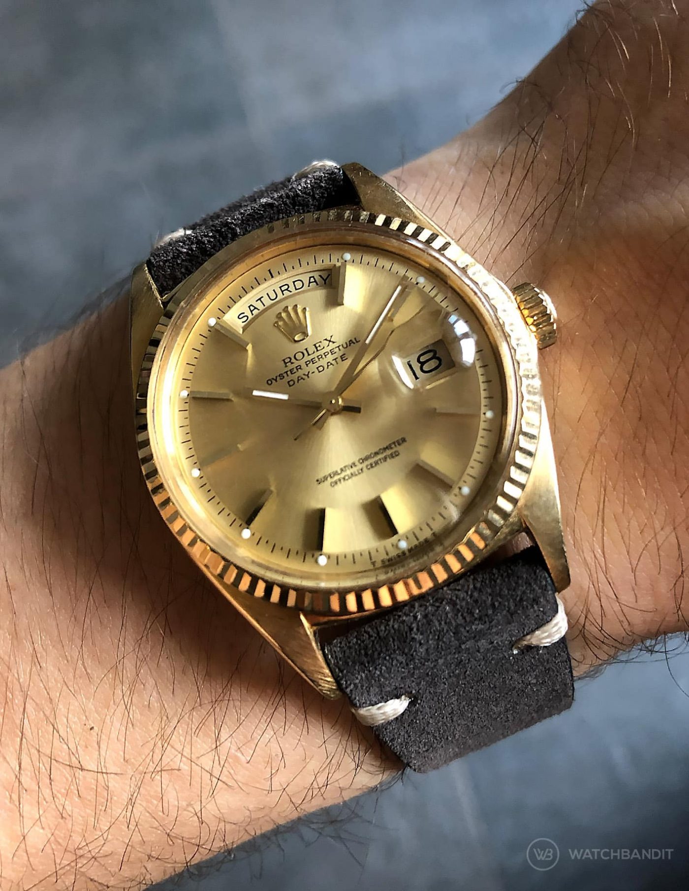 Rolex Day-Date on Watchbandit dark grey vintage suede leather strap