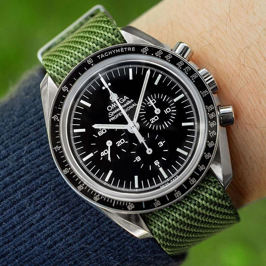 Omega-Speedmaster-green-adjustable-single-pass-nylon-strap