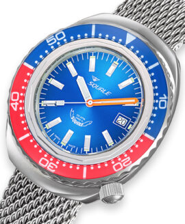 Squale-2002 Series-101 Atmos-Polished-Blue-dial-Blue-Red-bezel-closeup