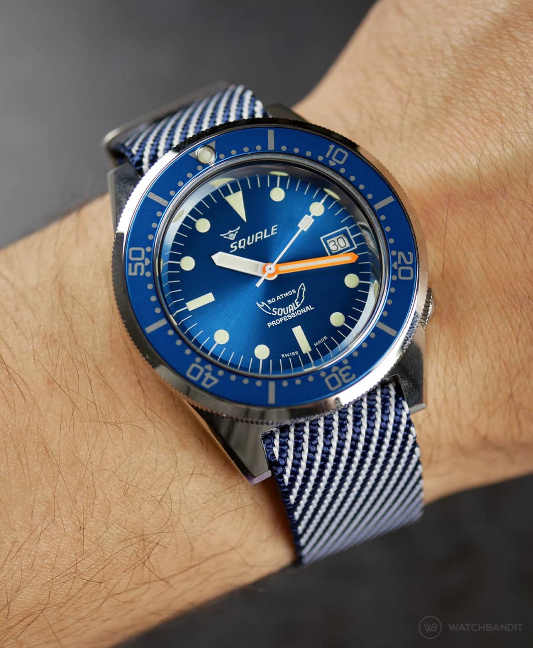 Squale 1521 blue paired with a white/blue adjustable single-pass NATO strap by WATCHBANDIT