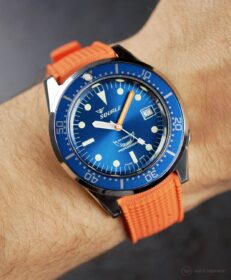Squale 1521 blue paired with an Orange Tropical-Style Rubber strap by WATCHBANDIT