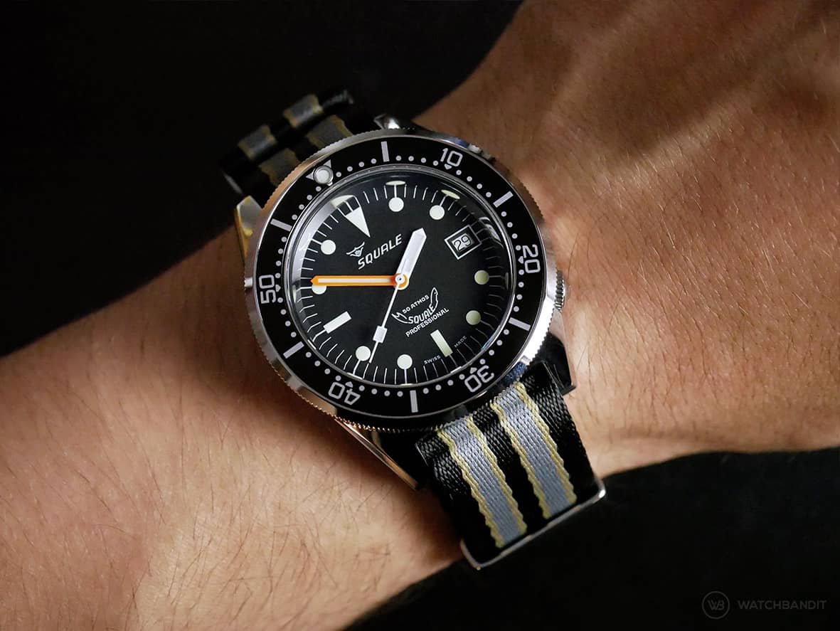 Squale 1521 black paired with a New Bond NATO strap by WATCHBANDIT
