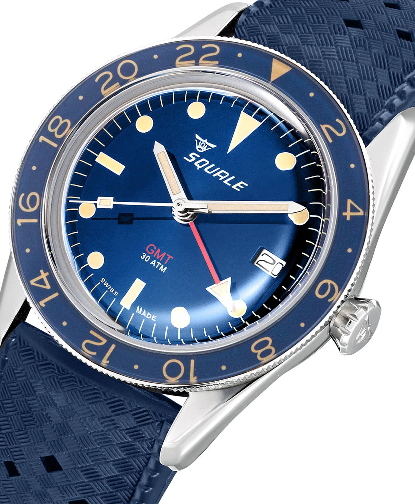 Squale - SUB 39 - GMT Vintage - Blue - Tropic Rubber strap - close up-min