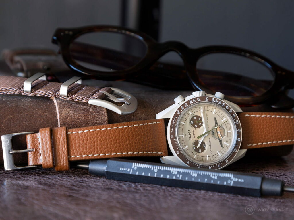 Omega-MoonSwatch-Mission-to-Saturn-brown-leather-strap-Watchbandit-min