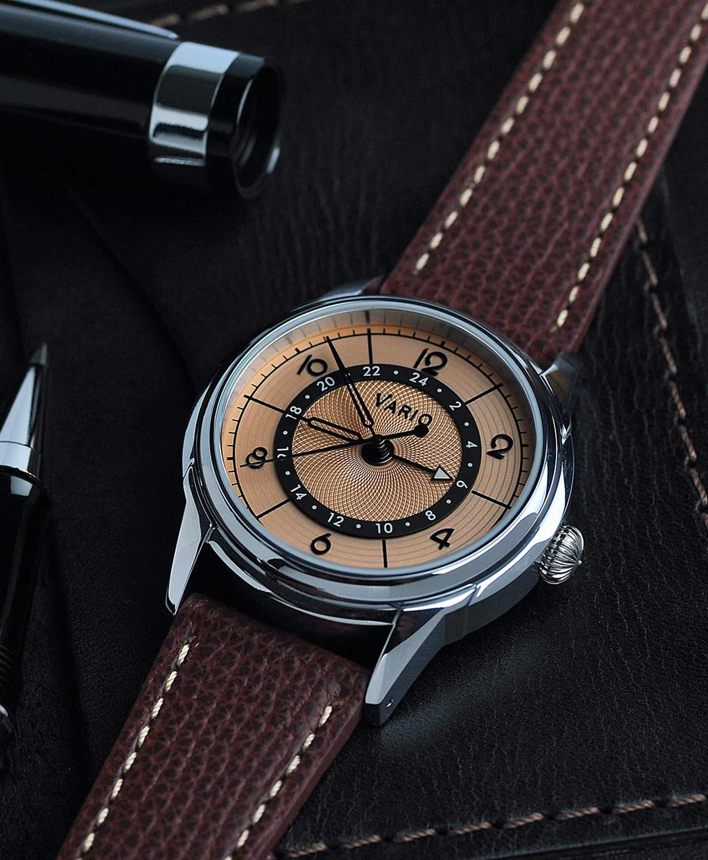 Vario - Empire Seasons True GMT - Autumn Salmon Automatic Dress Watch - Espresso Brown Leather-min