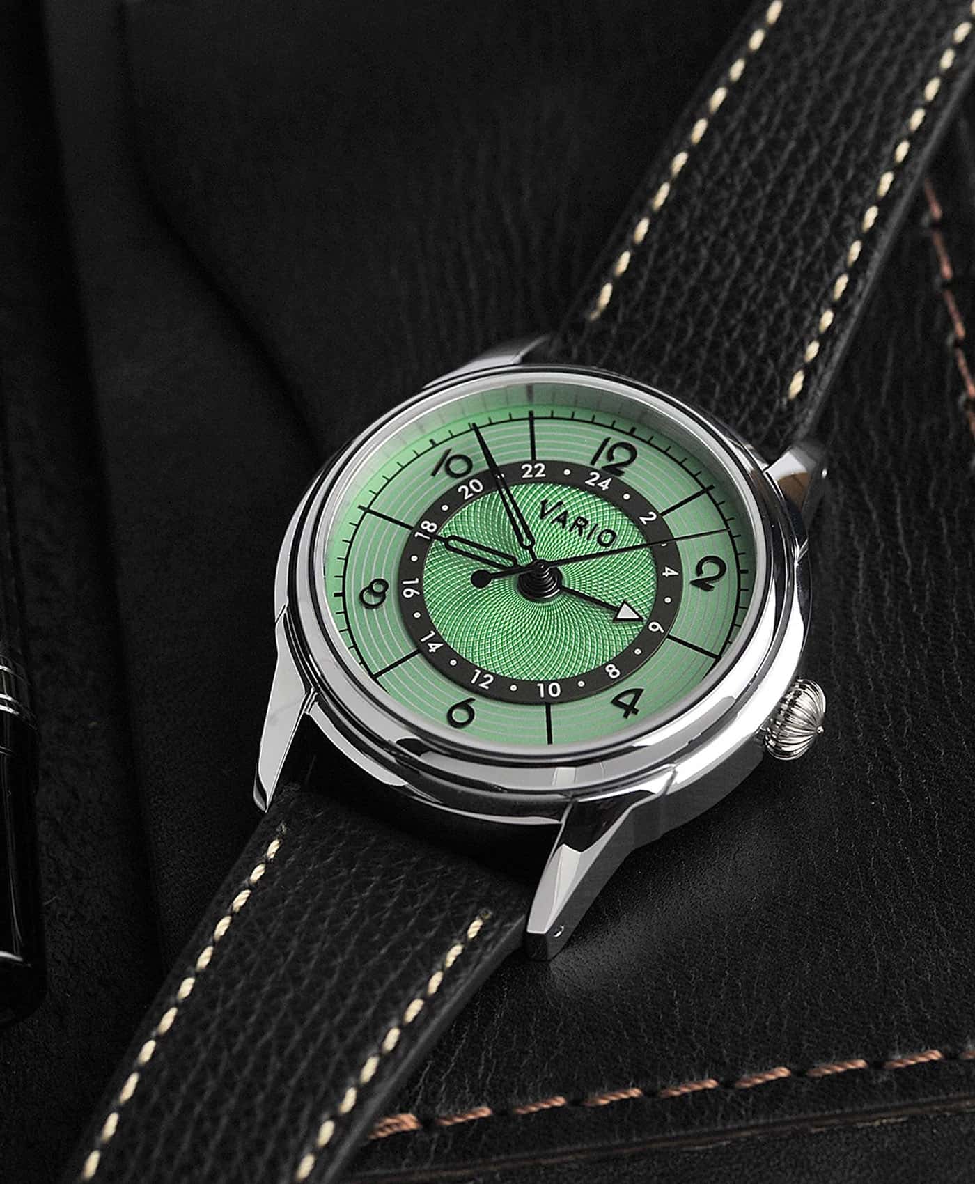 Vario - Empire Seasons True GMT - Spring Green Automatic Dress Watch - Oynx Black Leather-min