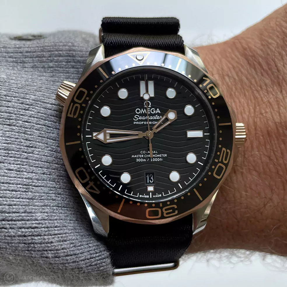 Premium Single-Piece Nylon Strap in Black with Golden Hardware on Omega Seamaster 300M