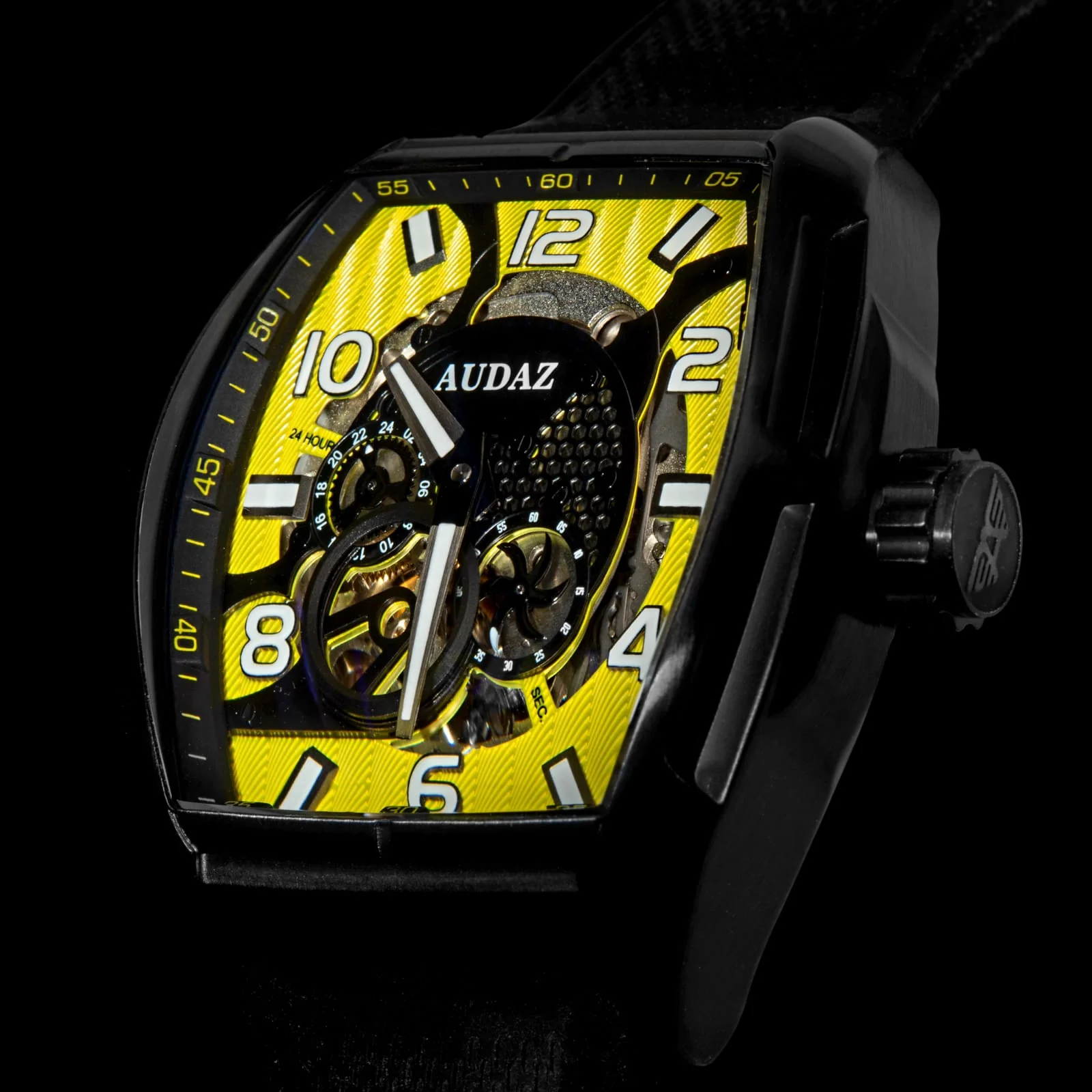 Audaz black and yellow watch dial close up