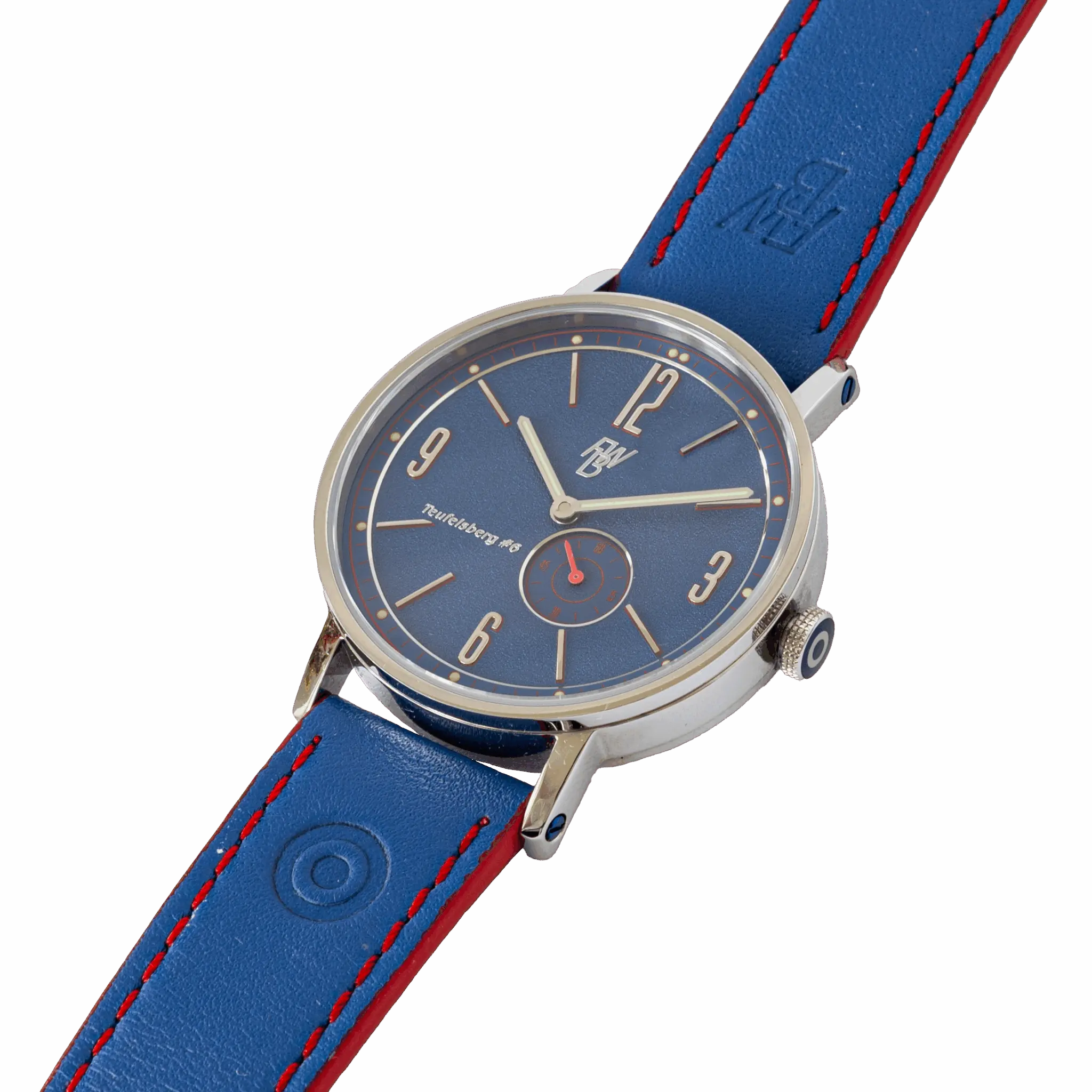 blue watch on blue strap